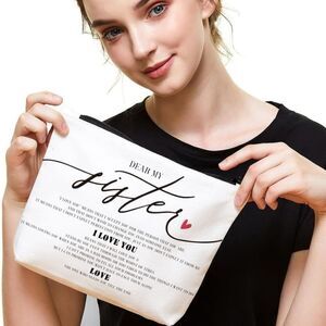 New Sister makeup bag Gifts Birthday Gift zipper storage 7" x 9.5" beige keeper